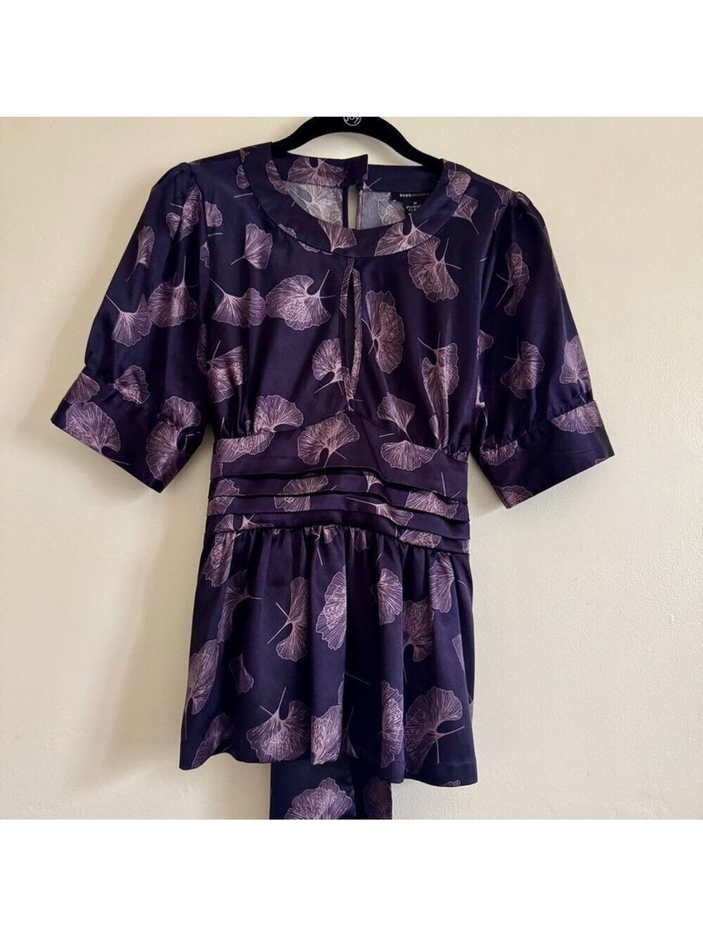 BCBG MaxAzria Purple Peplum Top with Puff Sleeves, Size M